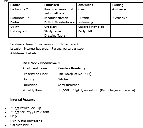 2BHK Flat is available for rent – HSR, Bengaluru